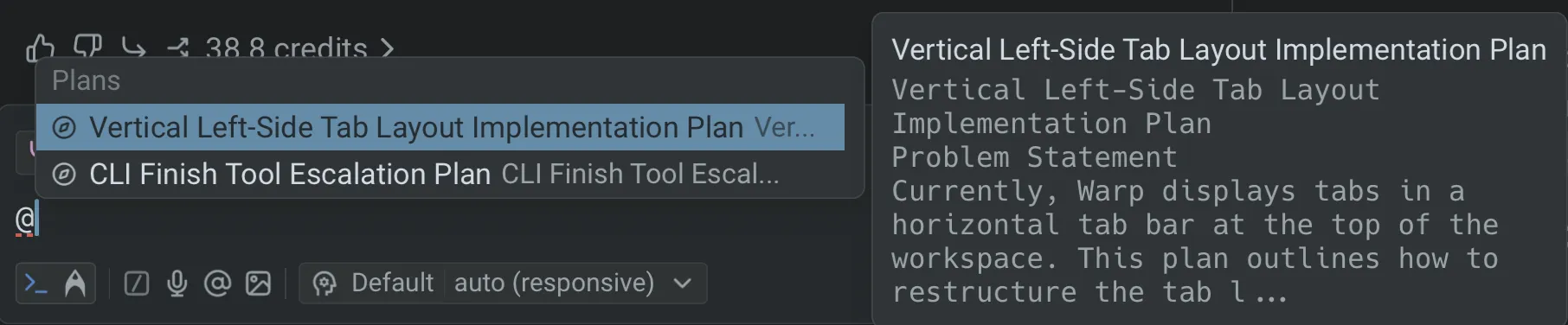 Searching for and reopening previously saved plans with the @plans command.