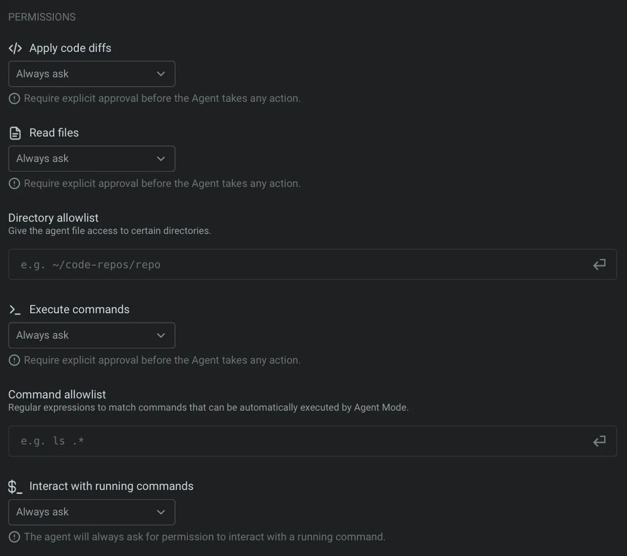 Fine-tuning agent control: This permissions panel lets users customize how much autonomy the Agent has when applying code diffs, reading files, creating plans, and executing commands.