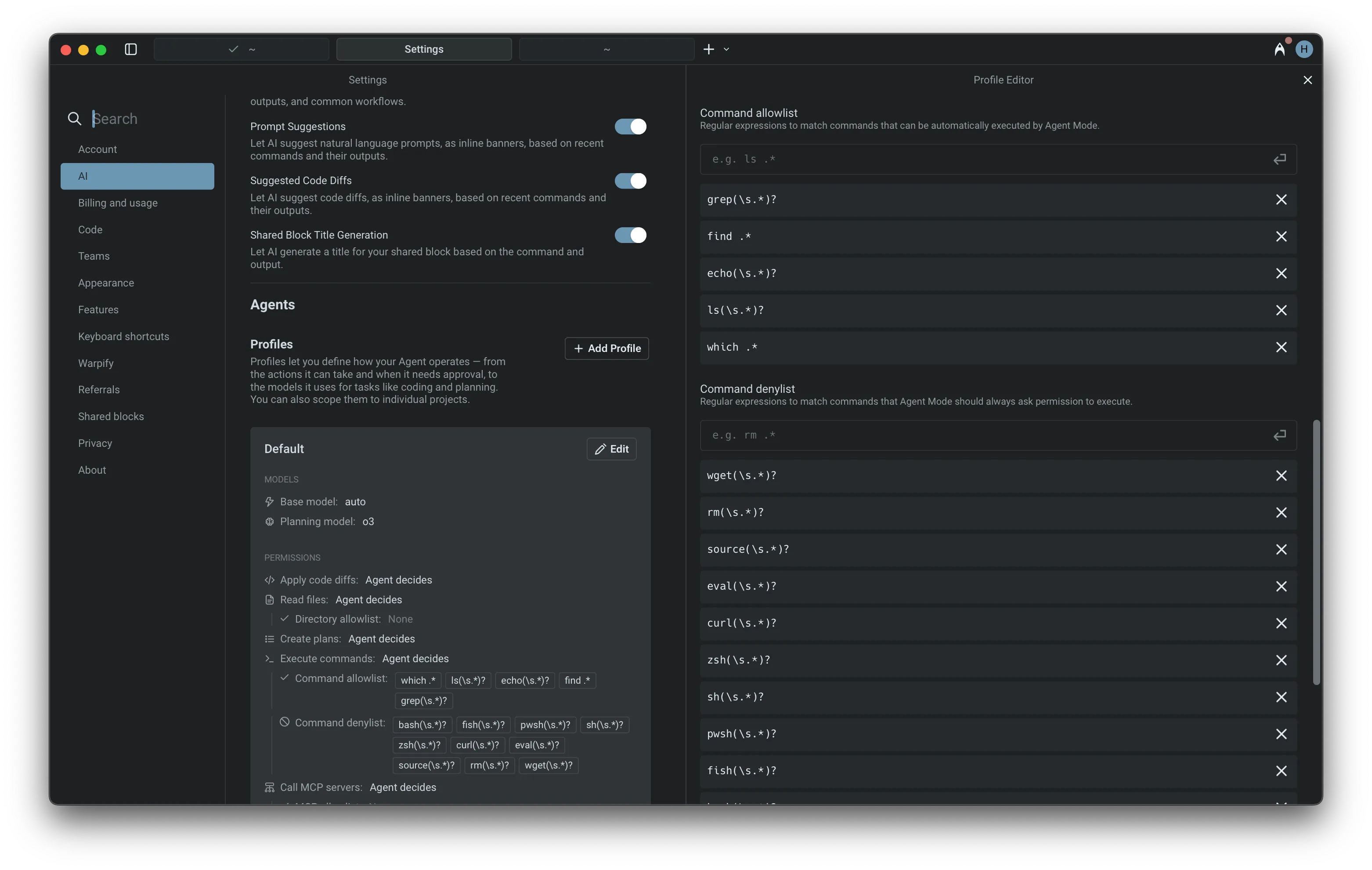 Command allowlist and denylists as part of an Agent Profile.