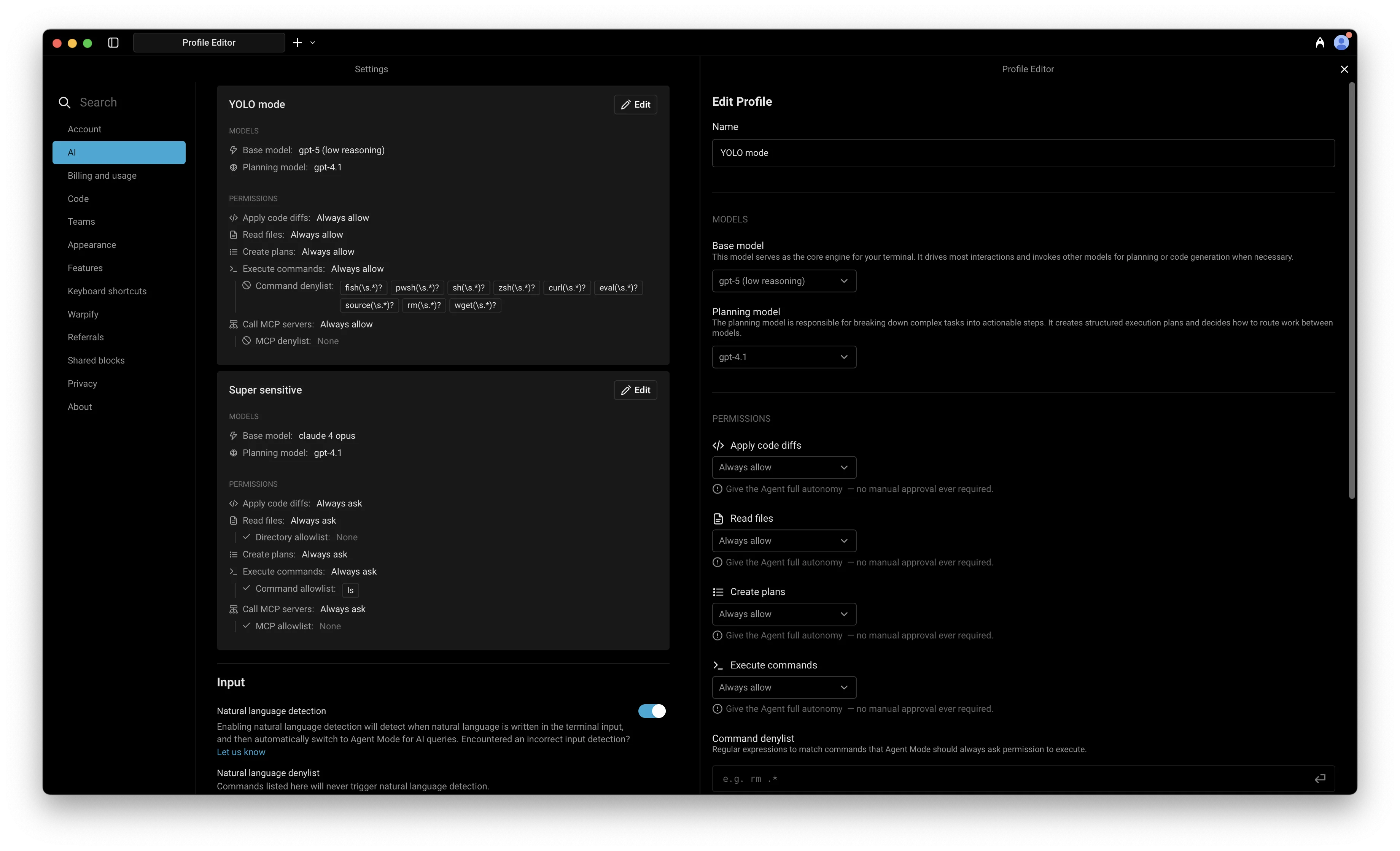 Agent Profiles in Settings: editing a Profile.