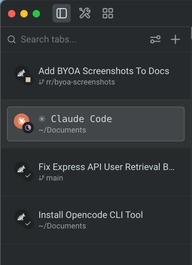 Vertical tabs sidebar with four tab rows showing different agent status badges: a yellow blocked square, a magenta in-progress moon on the Claude Code brand icon, and green completion checks