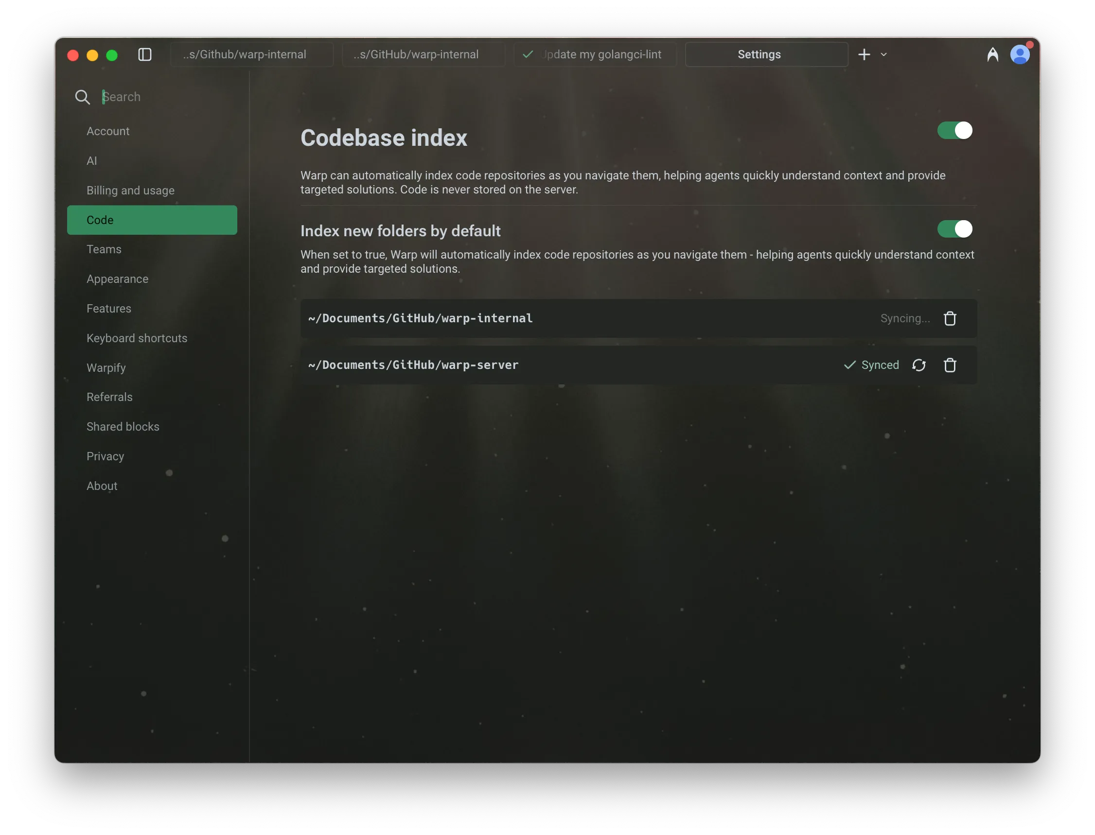 Codebase indexing settings in Warp. Easily track sync status and manage which folders are indexed for AI-powered context and suggestions.