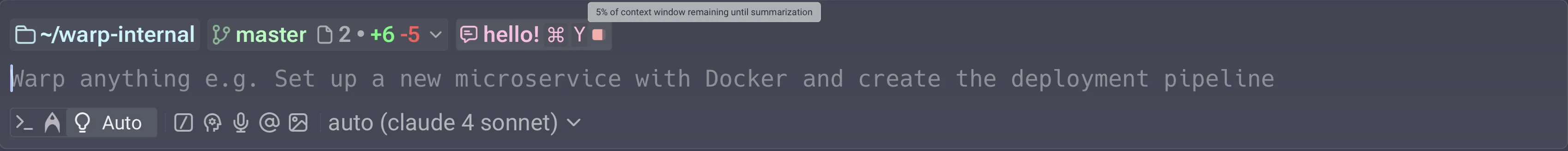 Context window usage indicator turning red as the conversation approaches the model's context limit.