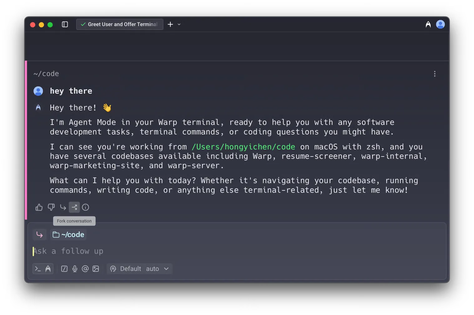 Fork conversation button in the footer of the most recent agent response block
