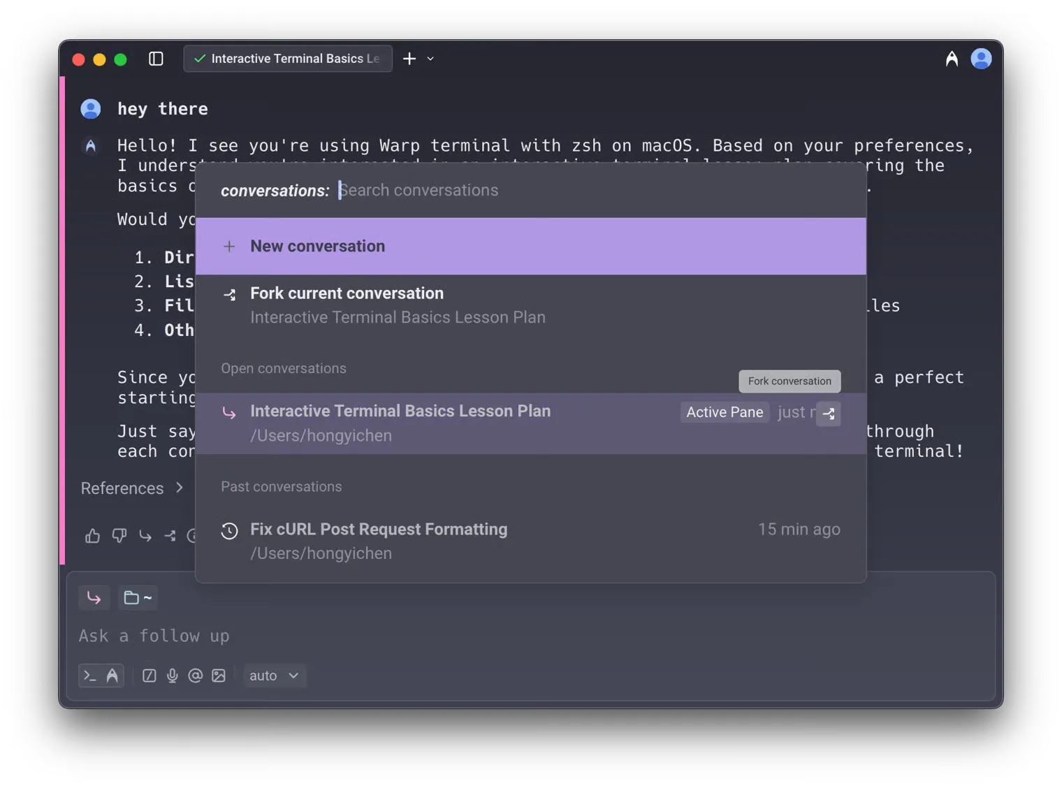 Command Palette listing open conversations with a fork button visible on hover