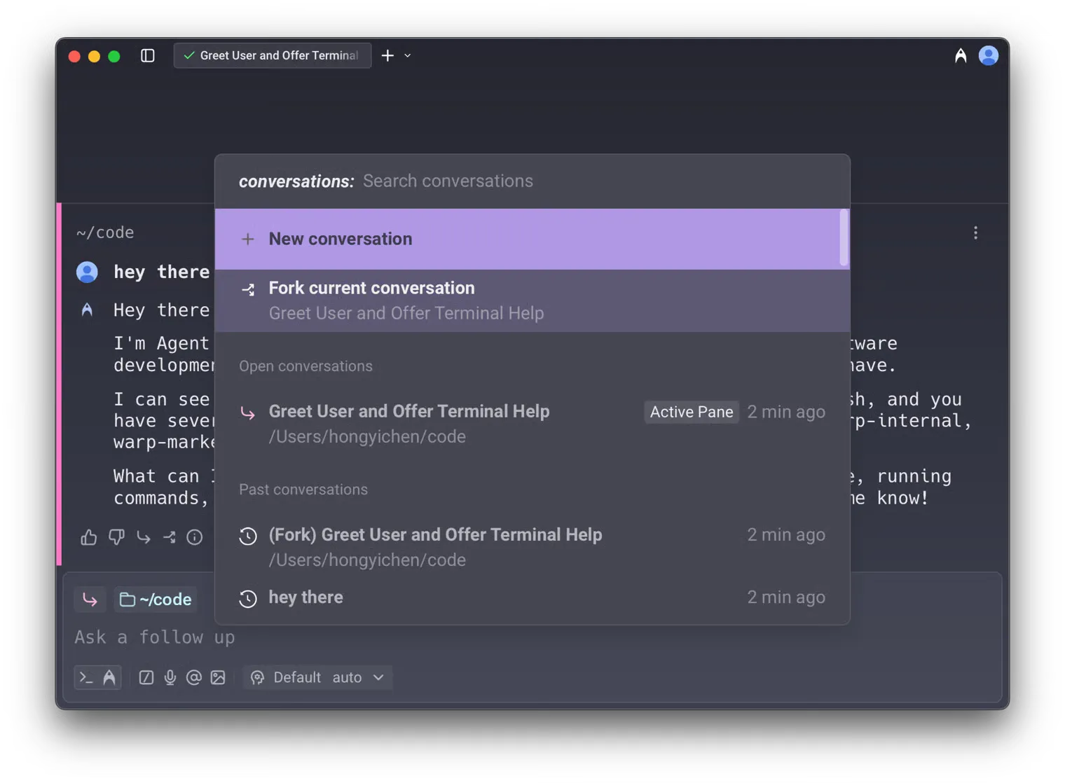 Command Palette showing the Fork current conversation option highlighted