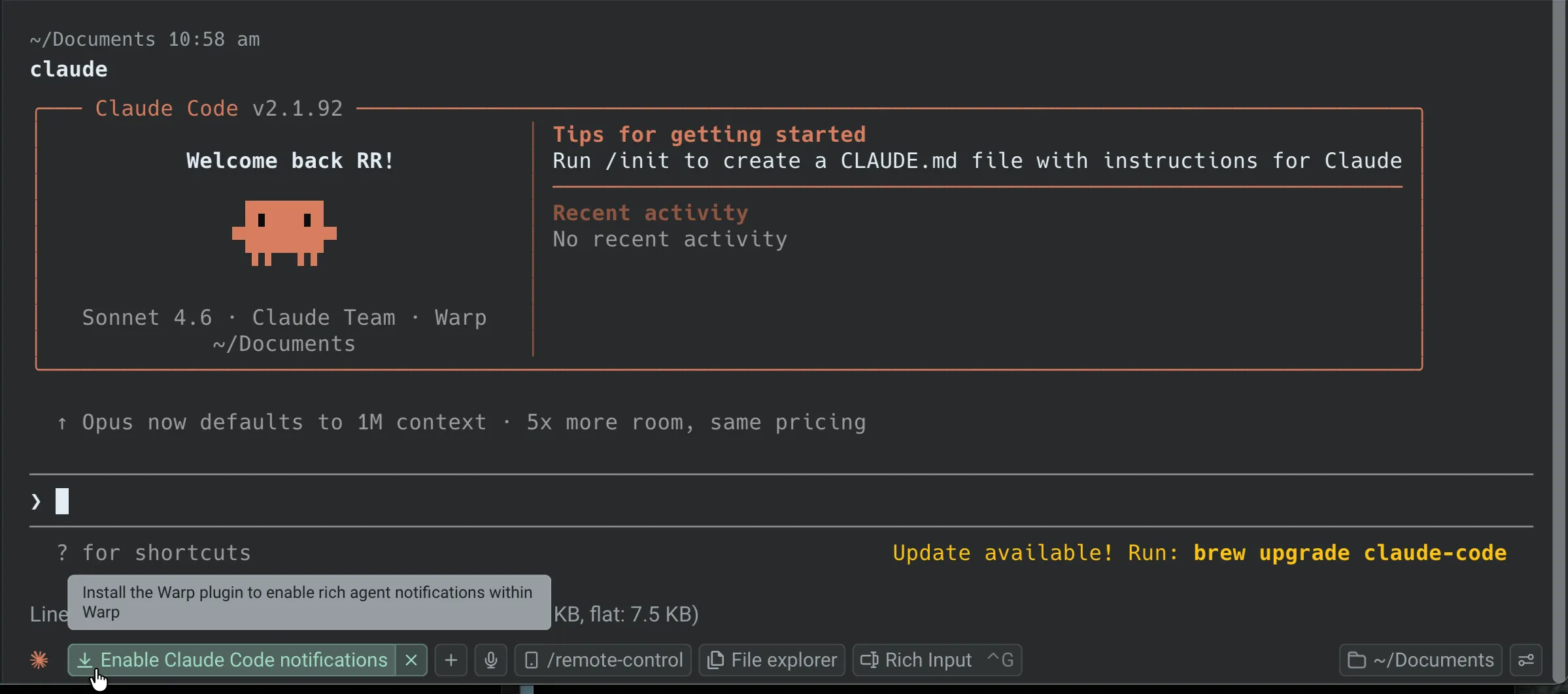 The Enable Claude Code notifications chip in the agent utility bar with a tooltip reading Install the Warp plugin to enable rich agent notifications within Warp
