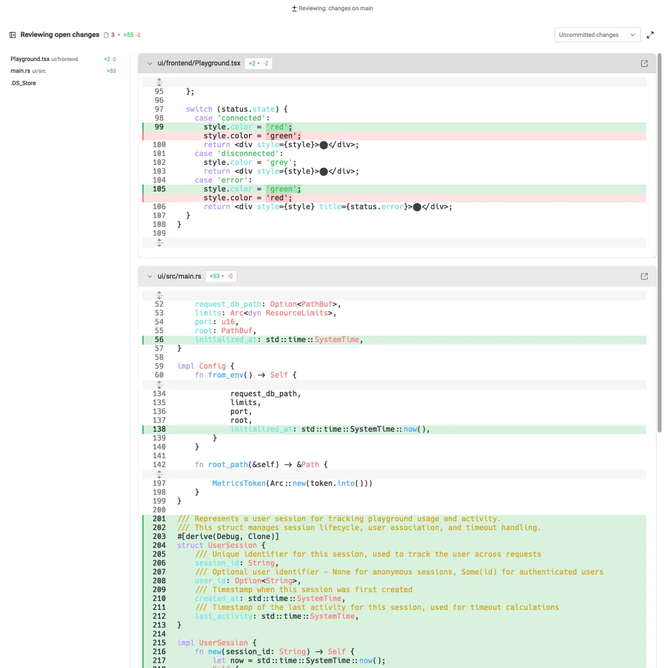Code Review panel with diffs for review.