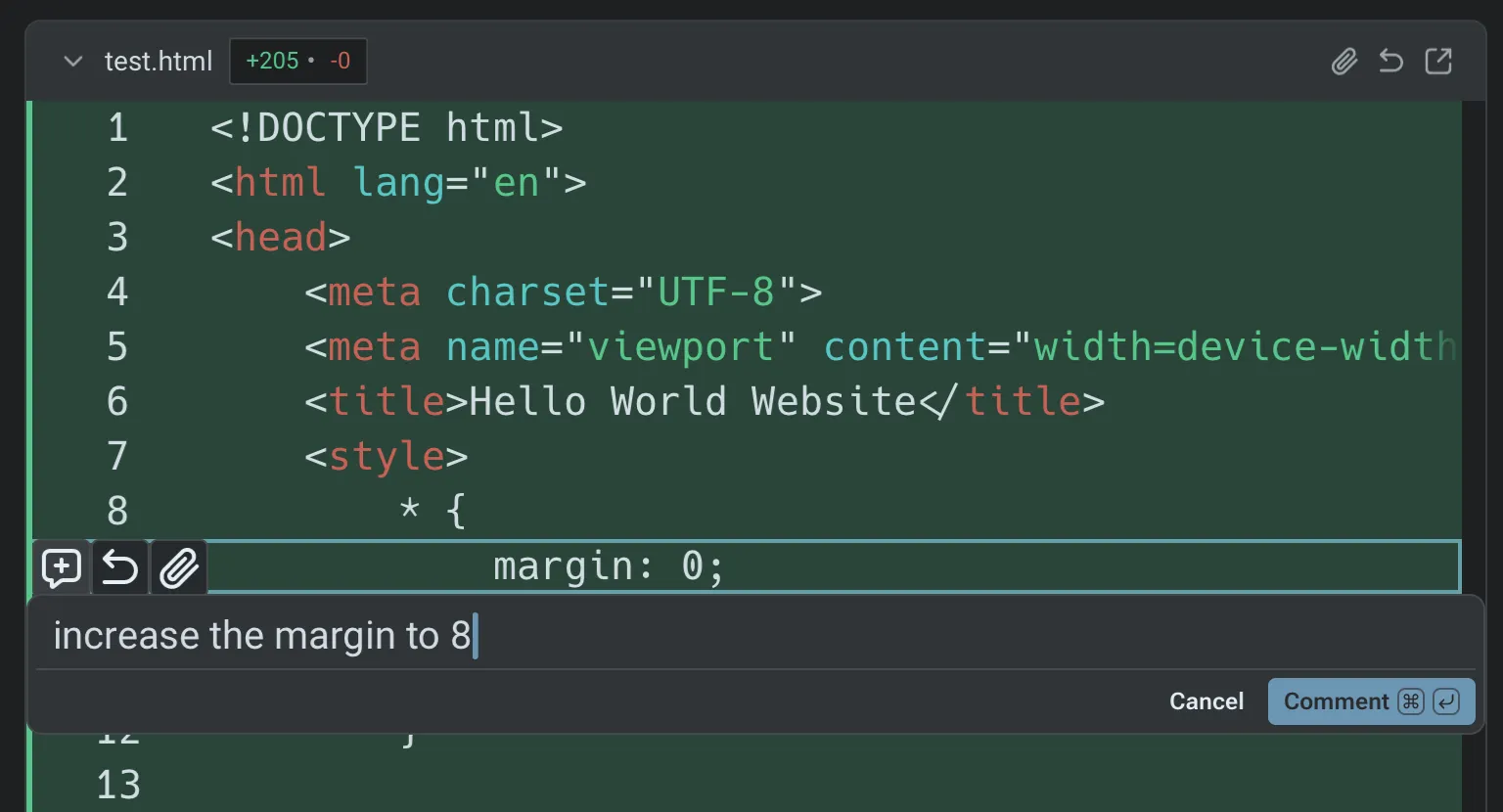 Adding an inline comment on a changed line in the Code Review panel.