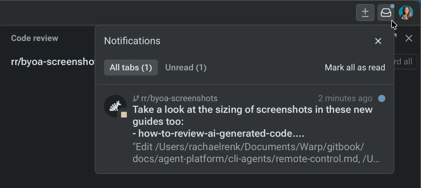 The Warp notification mailbox open in the upper-right of the window with All tabs and Unread filter tabs, a Mark all as read action, and a notification entry