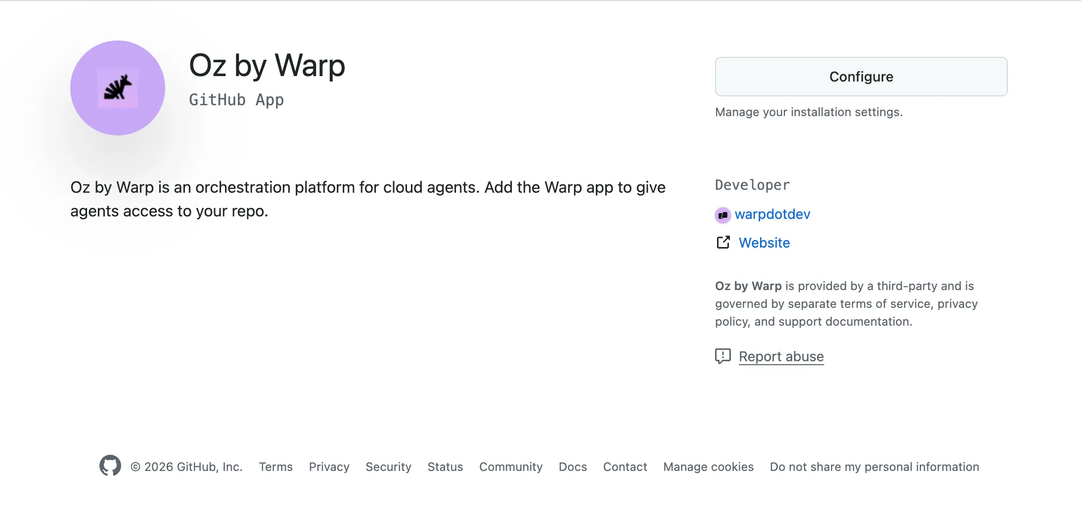 Oz by Warp GitHub App installation page showing repository access options