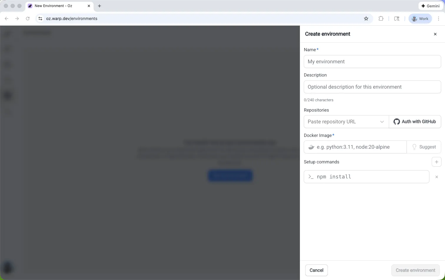 Create environment panel in the Oz web app