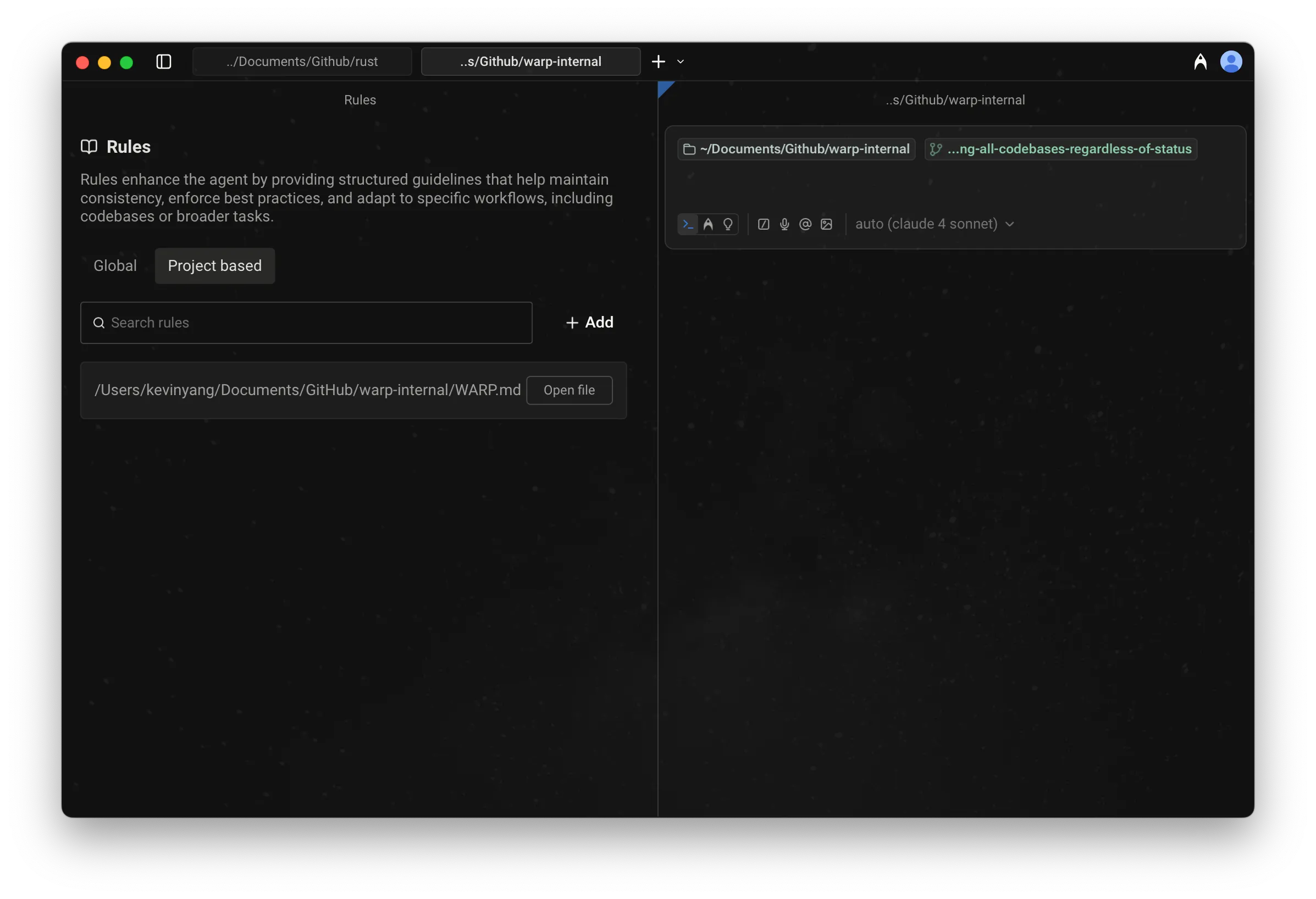 Project Rules UI open in a Rules pane