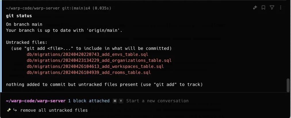 From a block of output, attach the block and ask Agent Mode to remove all untracked files.