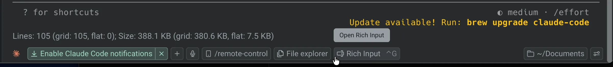 The Rich Input button in the agent utility bar at the bottom of the pane