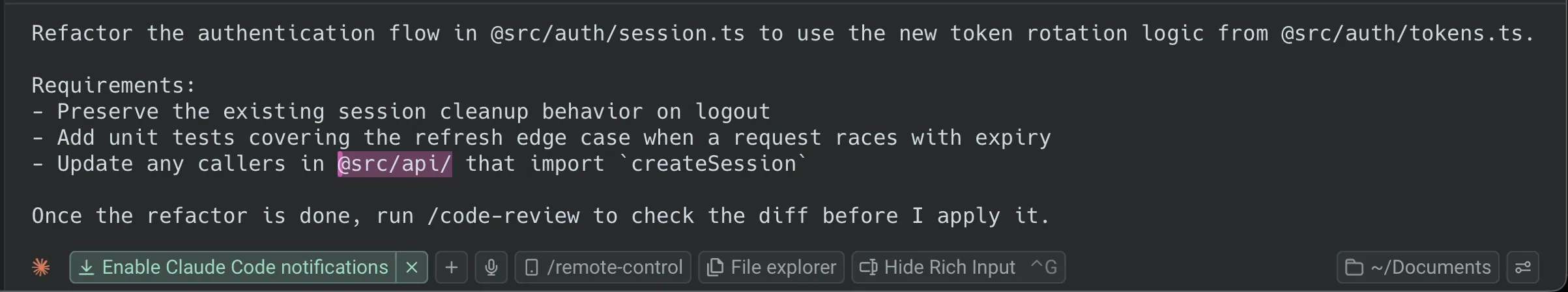 The rich input editor open with a prompt being composed