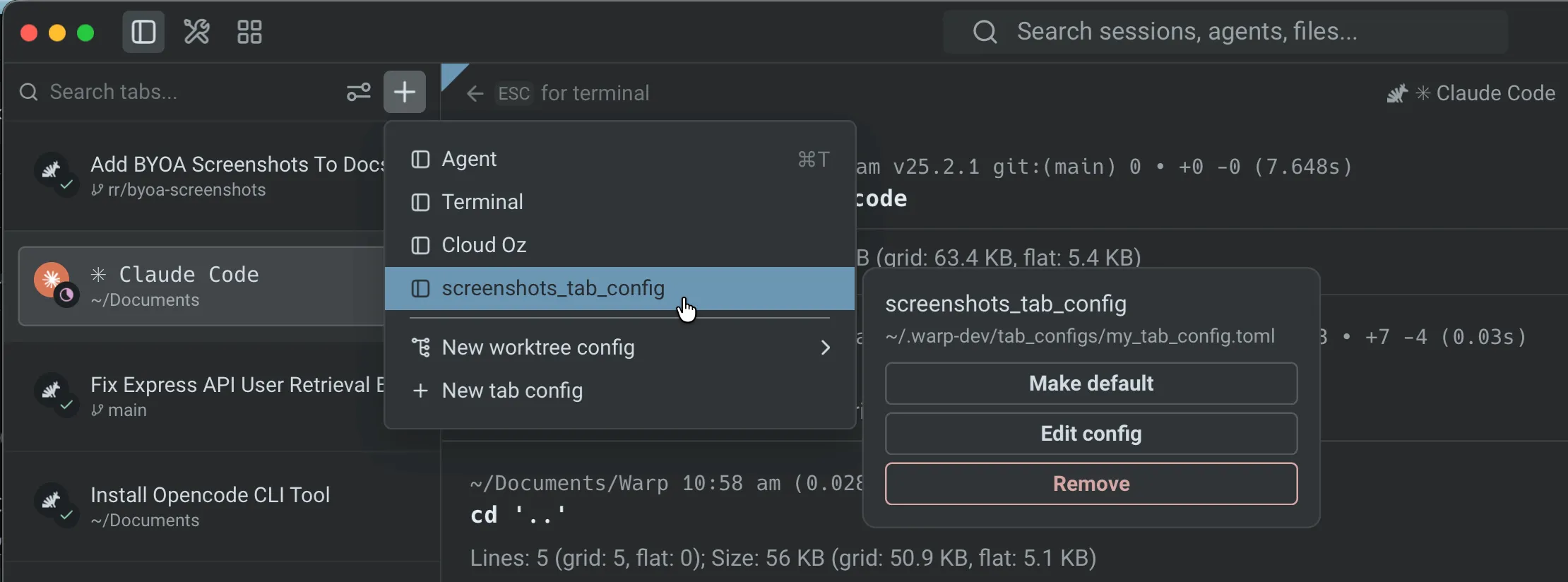 Warp's + menu open with a saved screenshots\_tab\_config entry highlighted, and a sidecar panel showing Make default, Edit config, and Remove action buttons