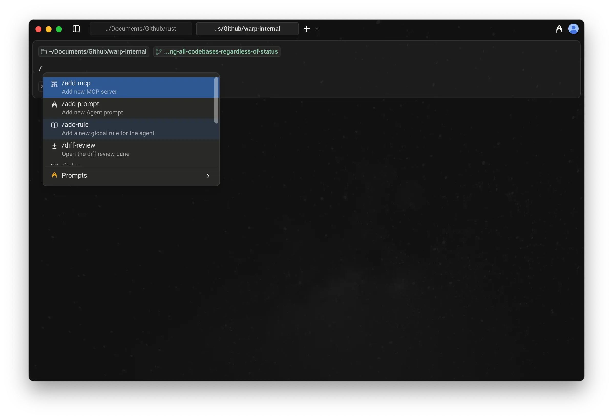 Slash Commands menu